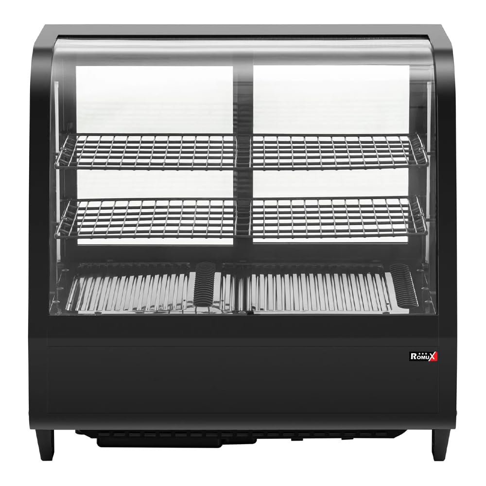 Vitrina Pastelera Expositora Refrigerada 2 Estantes con 2 Puertas Correderas Negra 100 Litros Ventilada | Vitrina Sobremesa Cristal Curvado