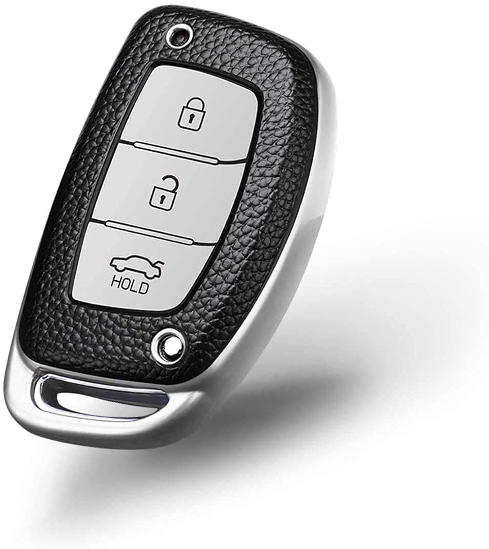 Soft TPU Leather Pattern Key Cover Compatible with Hyundai Creta, i10 Grand, i20 Elite, i20 Active, Xcent, Verna 4s, Tucson, Elantra, Grand i10 Nios 3 Button Smart Key (Silver Black)