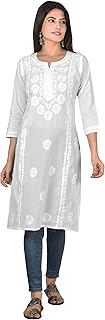 Vrnda Women's White Cotton Kurti – Hand-Embroidered Lucknowi Chikankari,...