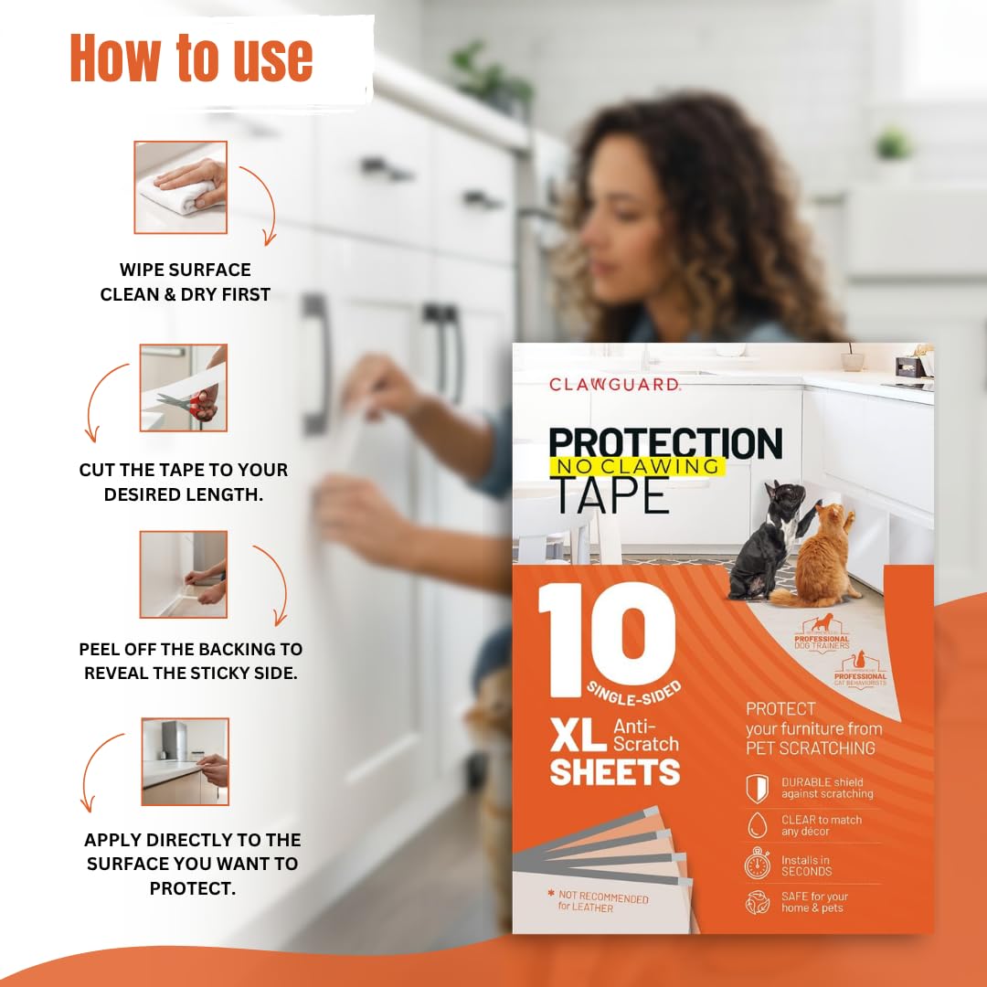 CLAWGUARD Cinta de protección para Perros, Paquete de 10 Hojas XL, Protectores de Muebles contra arañazos de Perros, antiarañazos para Gatos, Protector de Puerta para Perros, Barrera de Cinta de