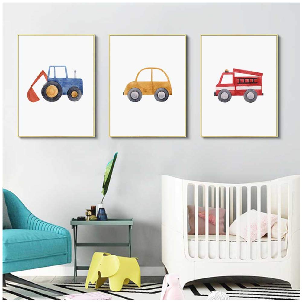 Imprimir Pinturas sobre lienzo Cute Machine Boys Blue Tractor Camión de bomberos Arte de la pared Imágenes Carteles y para niños Decoración de marco de habitación 30x40 cm x3 /11.8 "x 15.7" Con marco