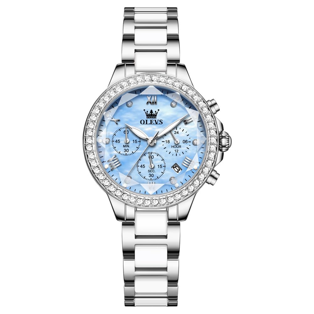 Orologio da donna in ceramica di lusso, con cronografo con cristalli scintillanti, orologio analogico al quarzo con 6 lancette con data, lancette luminose, impermeabile, elegante orologio da polso da
