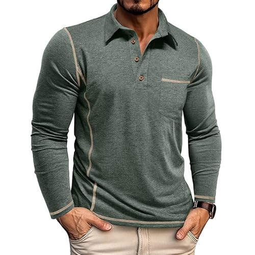 Mens Fashion Polo Shirts Classic Long Sleeve Basic Button Tees Stylish Tops Golf Shirts with Pocket Green Plues Size