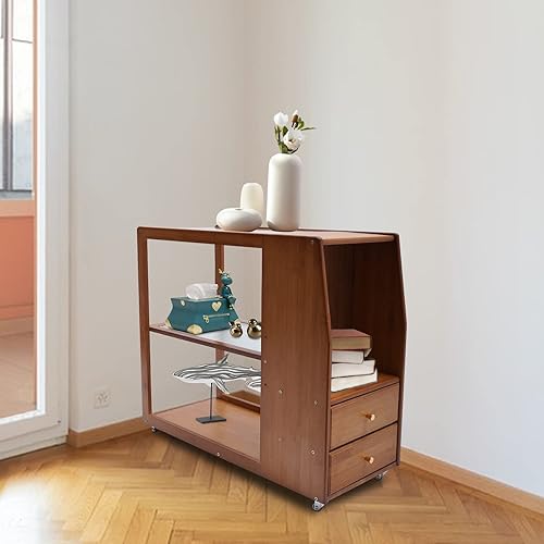 Mesita de noche ajustable en altura con parte superior abierta, 2 cajones de almacenamiento, ruedas y estante abierto (nogal)
