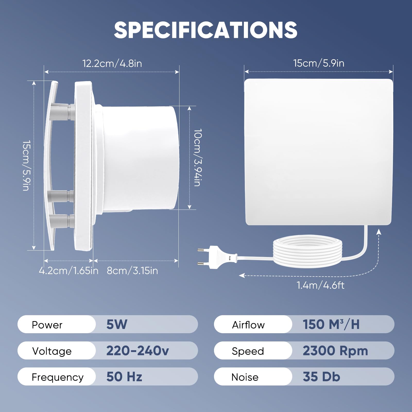 Ventilatore da bagno silenzioso da 100 mm con telecomando, timer e 3 impostazioni di velocità, flusso d'aria di 150 m³/h, quadrato bianco, montaggio a parete/finestra, IPX4, cucina, bagno doccia 35 dB