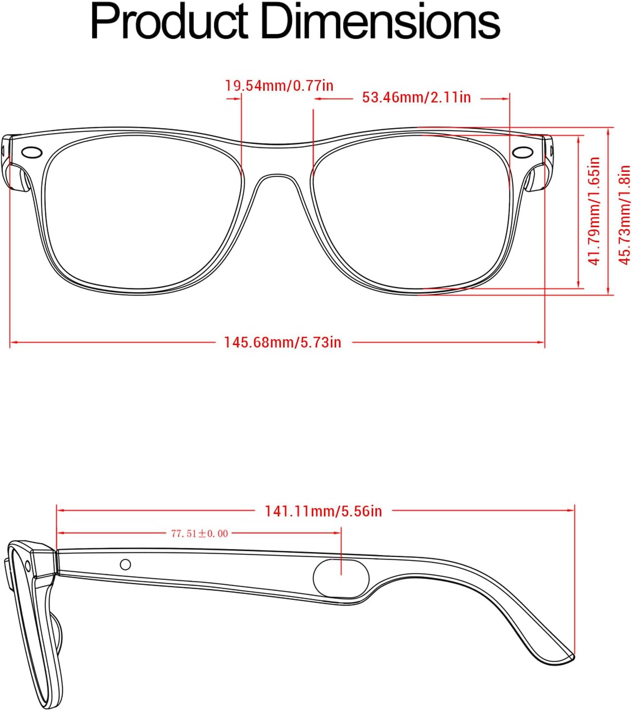 Product dimensions diagram for Smart Translator Glasses