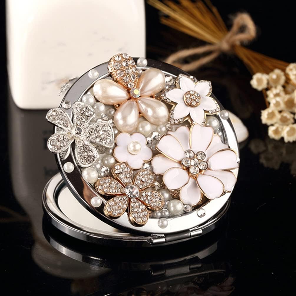 BESTOYARD 手鏡 両面ミラー コンパクト かわいい 小型 コンパクトミラー 双面 化粧鏡 金属 女優ミラー 拡大鏡 コンパクト デイジー パール ラインストーン 折り畳み