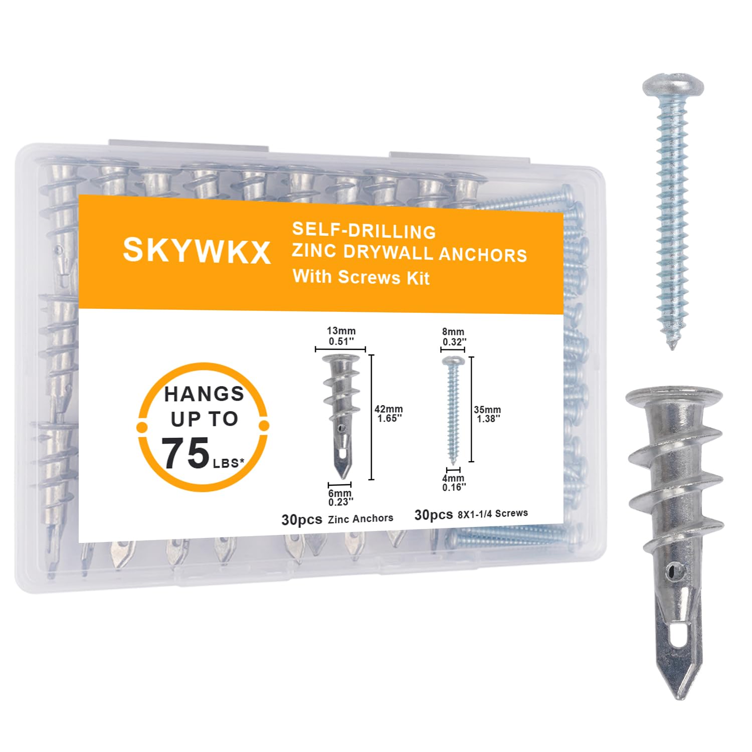 #8 Self Drilling Drywall Anchors Screw Kit – 30 Sets Dry Wall Anchors and Screw for Drywall with 30 Long Self-Tapping Zinc Sheetrock Anchor 30#8 x 1-1/4'' 304 Screws 75LB Hanging (30 L Zinc)