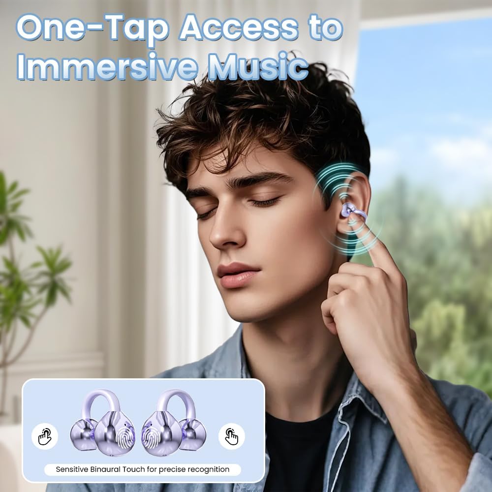 Clip on Earbuds Open Ear Wireless Bluetooth 5.4 Headphones with Mic,60H Play,Noise Cancelling,Waterproof,Sports Ear Buds,Comfortable for Small Ears & Glasses Wearers,Workouts (Purple) - Image 3