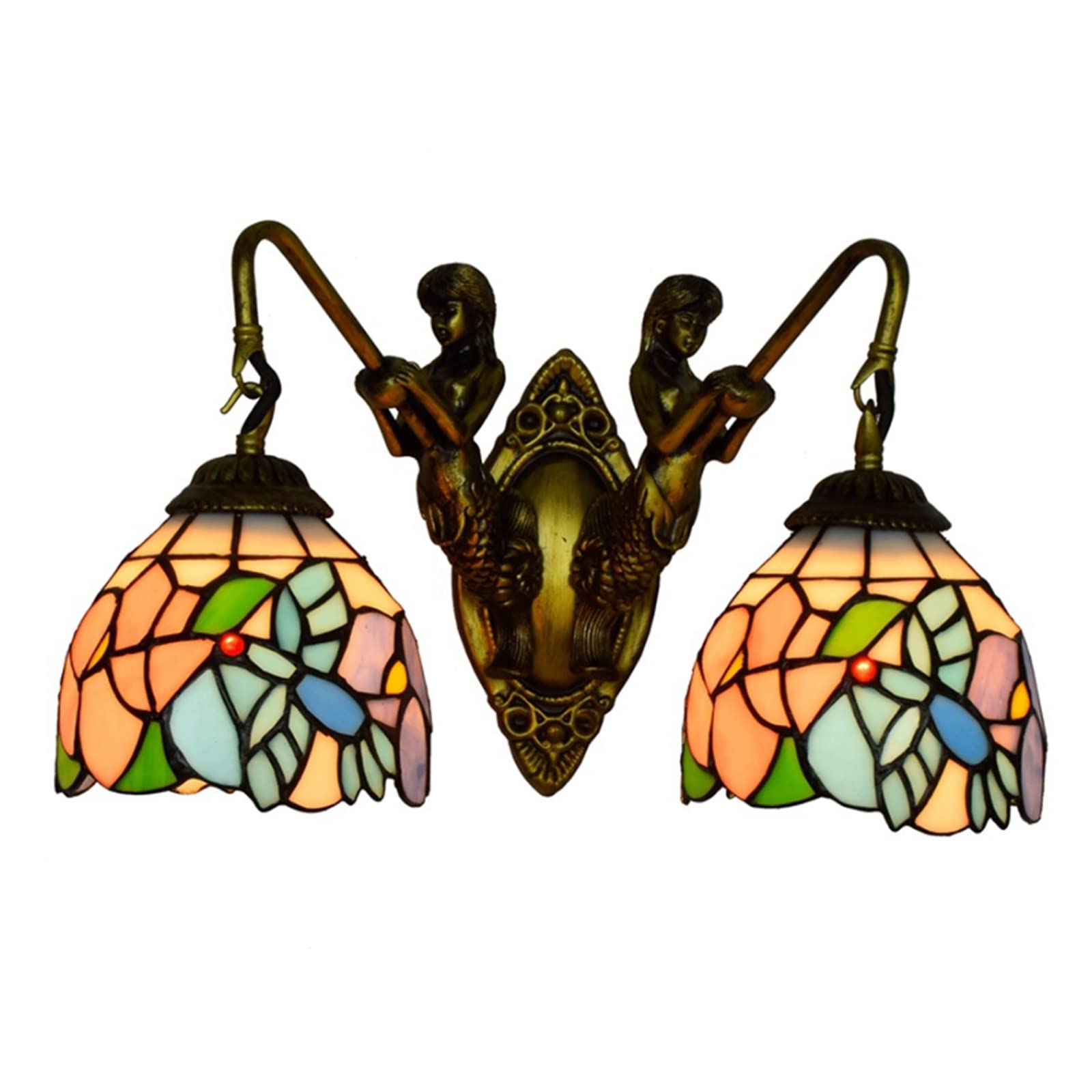 SXSCARKX Tiffany Style Wall Lamp Double Head Light Bedroom Bedside Pastoral Design Stained Glass Lampshade Living Room Balcony Aisle Decorative Lighting Needed