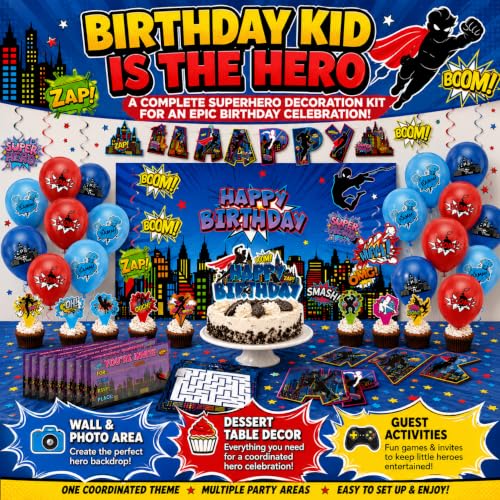 Superhero Birthday Party Decorations Set with Banner, Backdrop and Balloons by DUOHUI - Used condition - Image 2