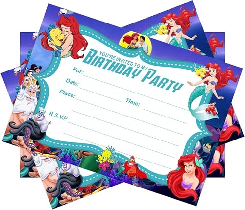 Miniatura 4 de BELLOSY 24 invitaciones de cumpleaños de la Sirenita, invitaciones de fiesta de Sirenita, suministros de decoración para fiestas de cumpleaños (24