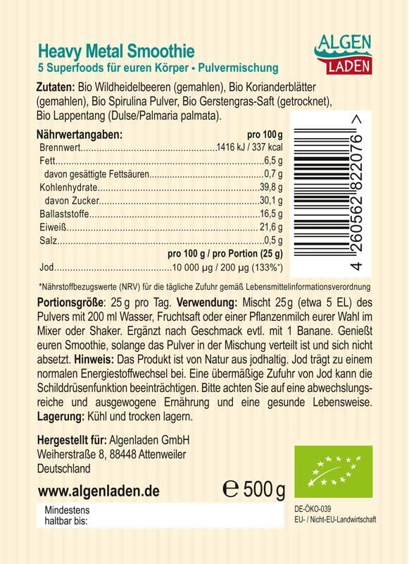 ALGENLADEN Heavy Metal Pulvermischung (20 Portionen) - 500g | ideal für Smoothie | leicht zu dosieren