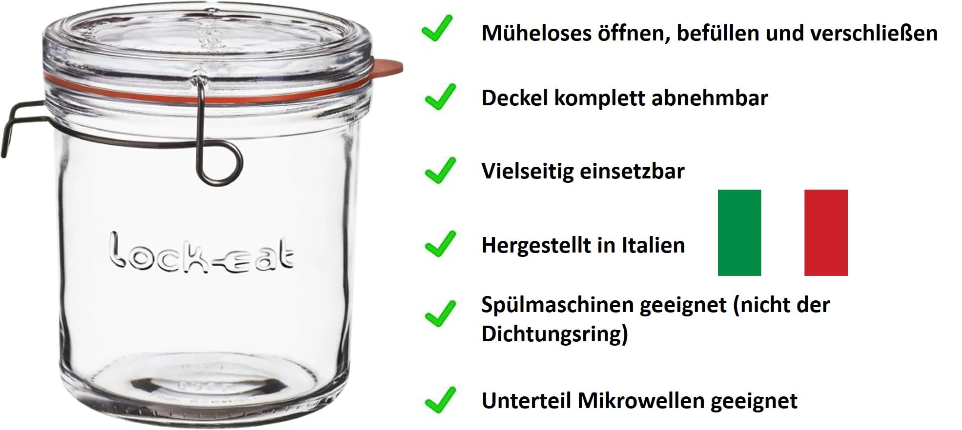 Emilja Lock-Eat Einkochglas 750ml - Einkochglas mit Bügelverschluss - 6 Stück