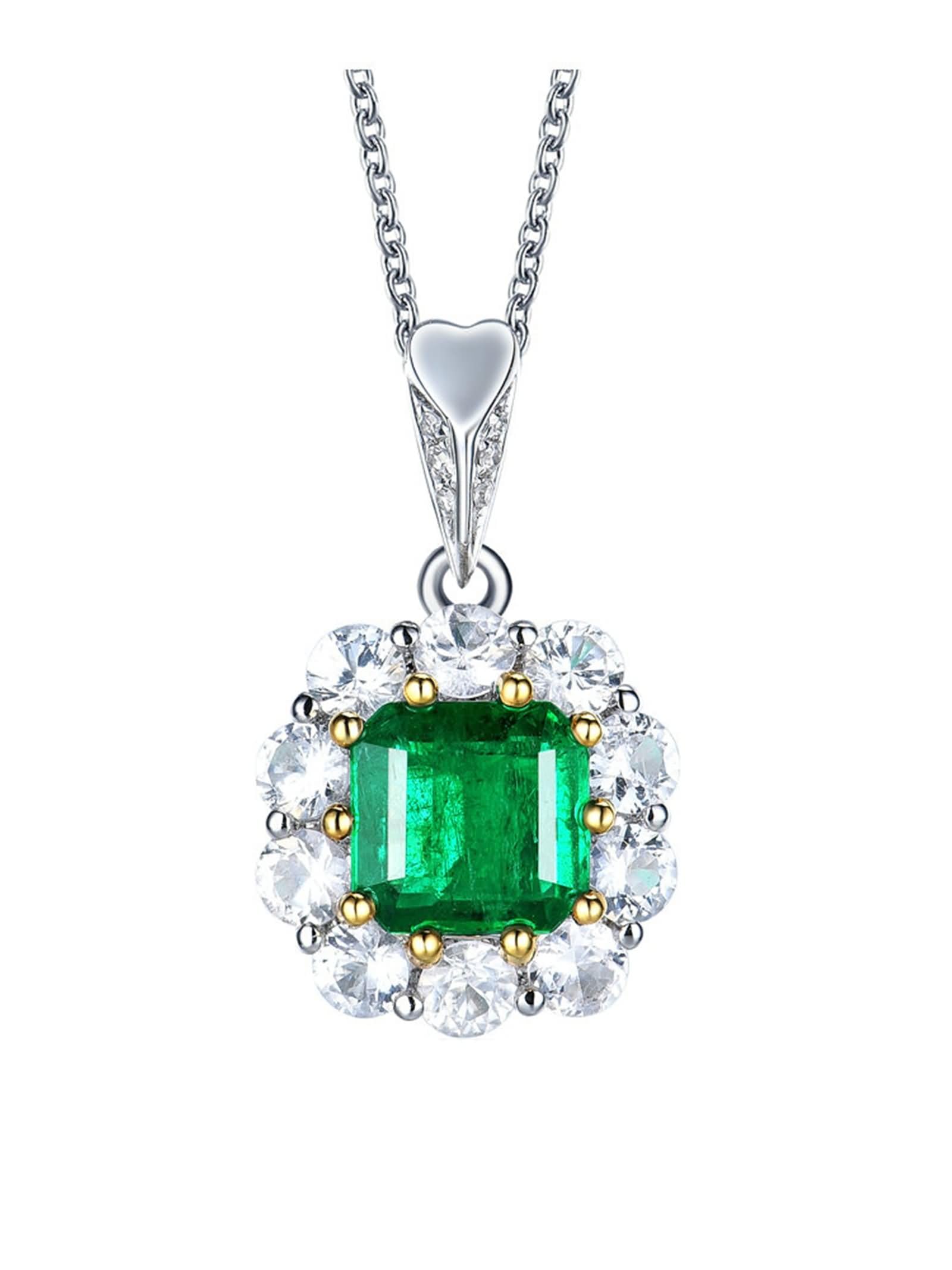 Wisiorek 9-karatowe białe złoto / 14 karatów / 18 karatów damski kwadrat ze szmaragdem 0,74 ct i diamentem, srebrny zielony łańcuszek damski