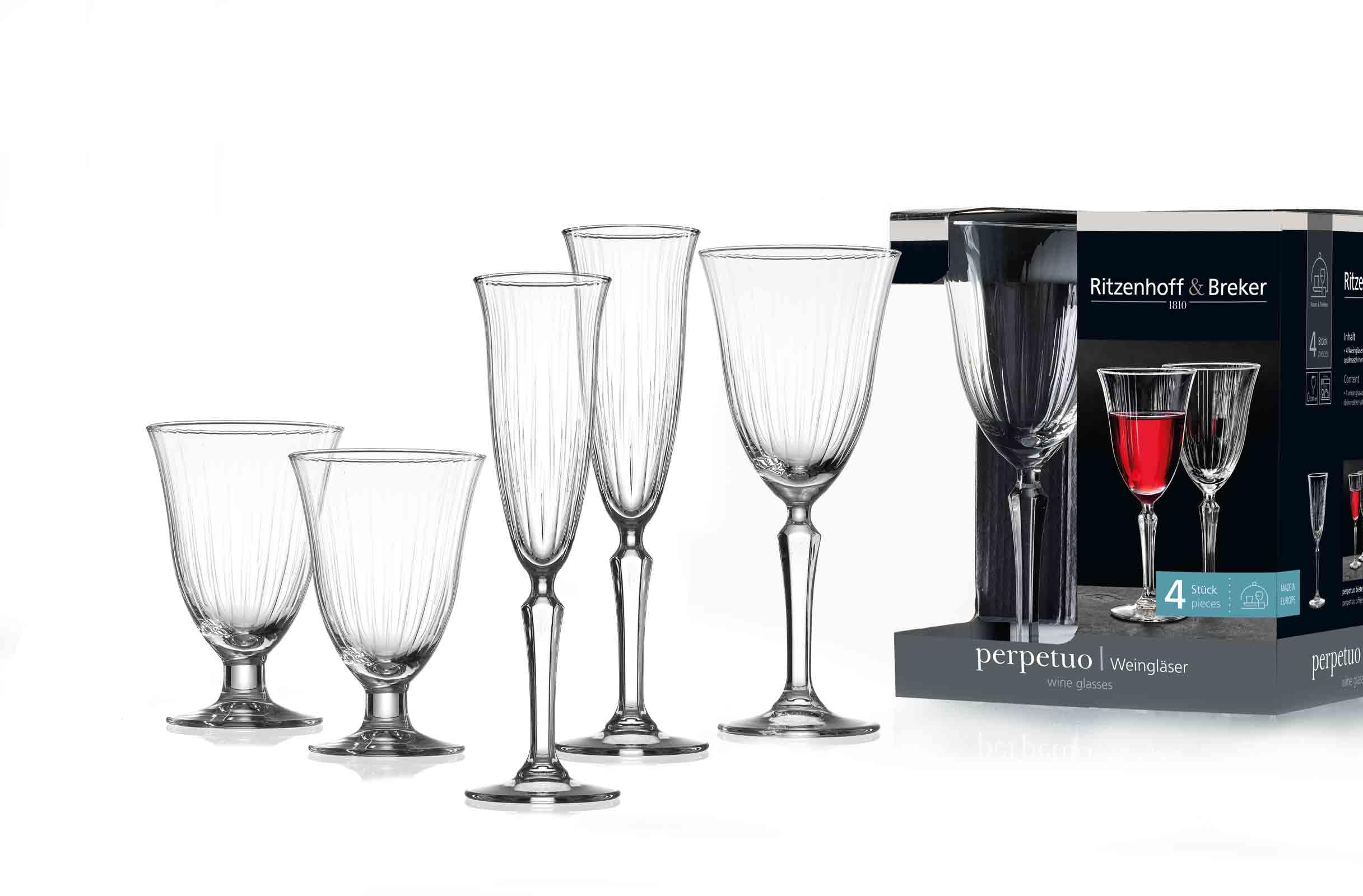 Ritzenhoff & Breker Perpetuo Gläser-Set 12-teilig | Wein-, Sekt- und Wassergläser für 4 Personen | Art-Déco-Look | Glas | Spülmaschinenfest | Klar