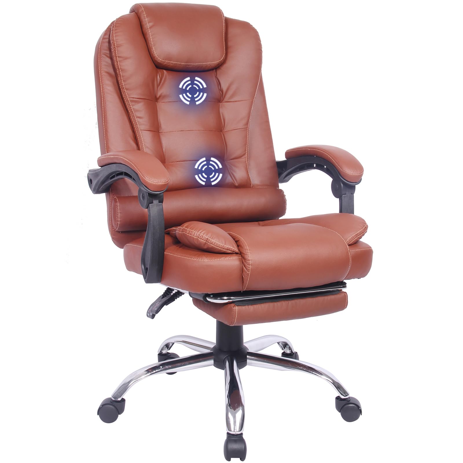 GIVENUSMYFMassage Heated Office Chair with Lumbar Support and Footrest, Ergonomic High Back Swivel Desk Chair Brown Leather Recliner Chair for Adult Heavy People