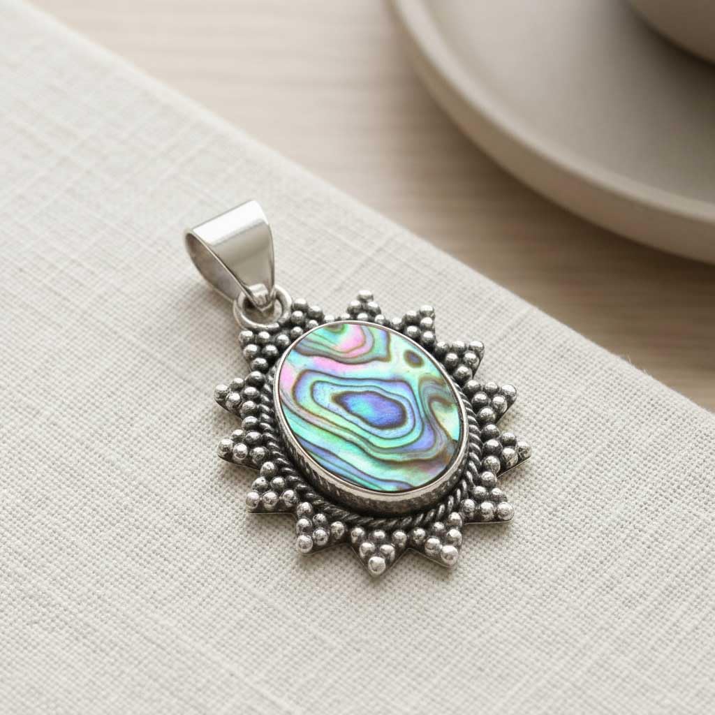 JEWELOPORIUM Boho Handmade Jewelry Chunky Natural Gemstone Turquoise, Crystal, Rose Quartz, Moonstone Oval 925 Sterling Silver Plated Pendant Necklace For Women