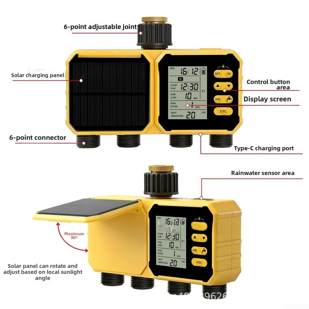 Controlador solar de riego de 4 canales, temporizador de riego de jardín, material de latón con sensor de lluvia y respaldo USB, para automatización de invernadero de césped, cama de flores, vegetales