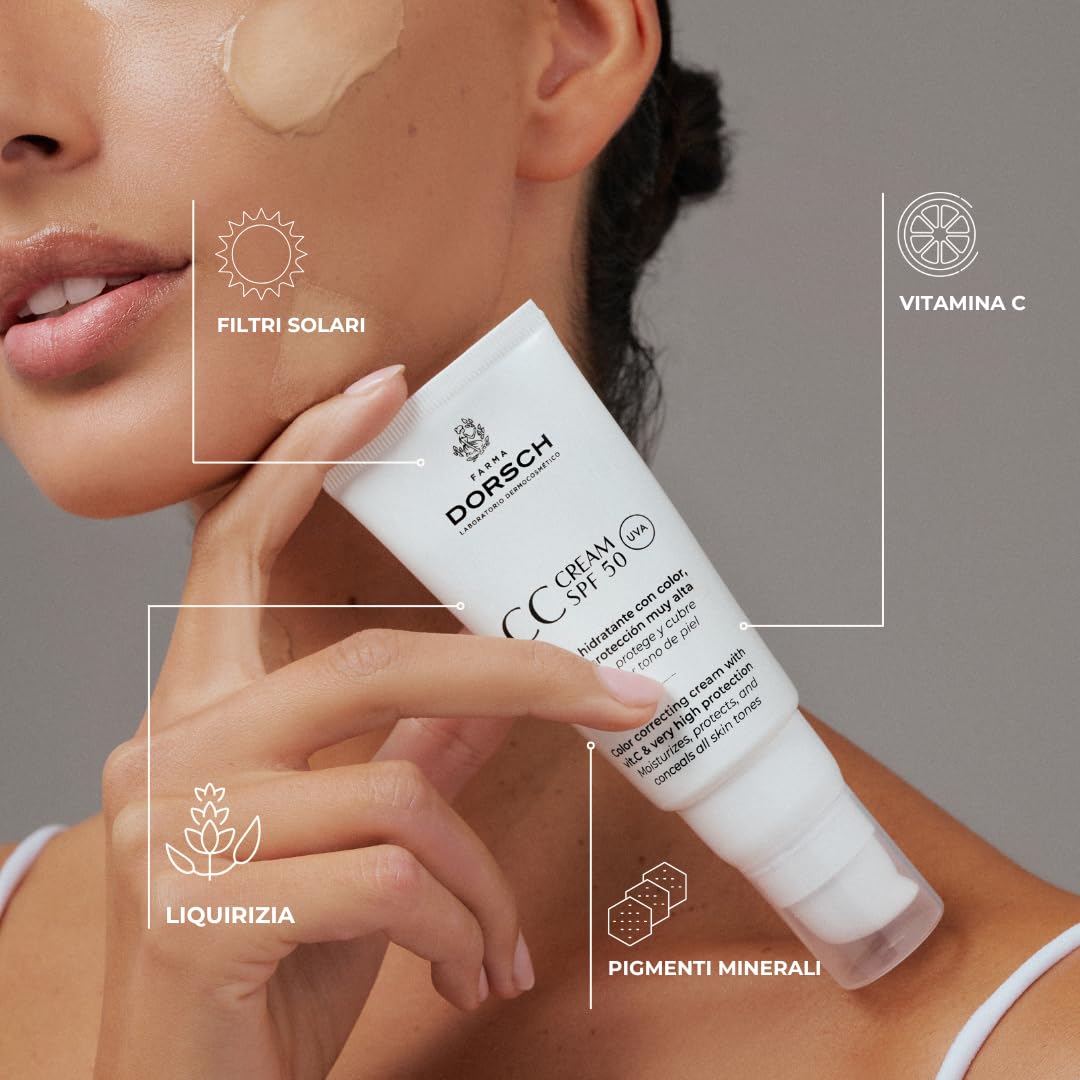Farma Dorsch - CC Cream SPF 50 | Crema Idratante Colorata Antimacchie e Opacizzante | Protezione 360º UVA/UVB, Luce Blu e Inquinamento | Vitamina C | 50 ml