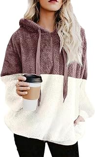 Womens Oversized Sherpa Pullover Hoodie with Pockets Warm Soft Fuzzy Fleece Sweatshirt Fluffy Coat