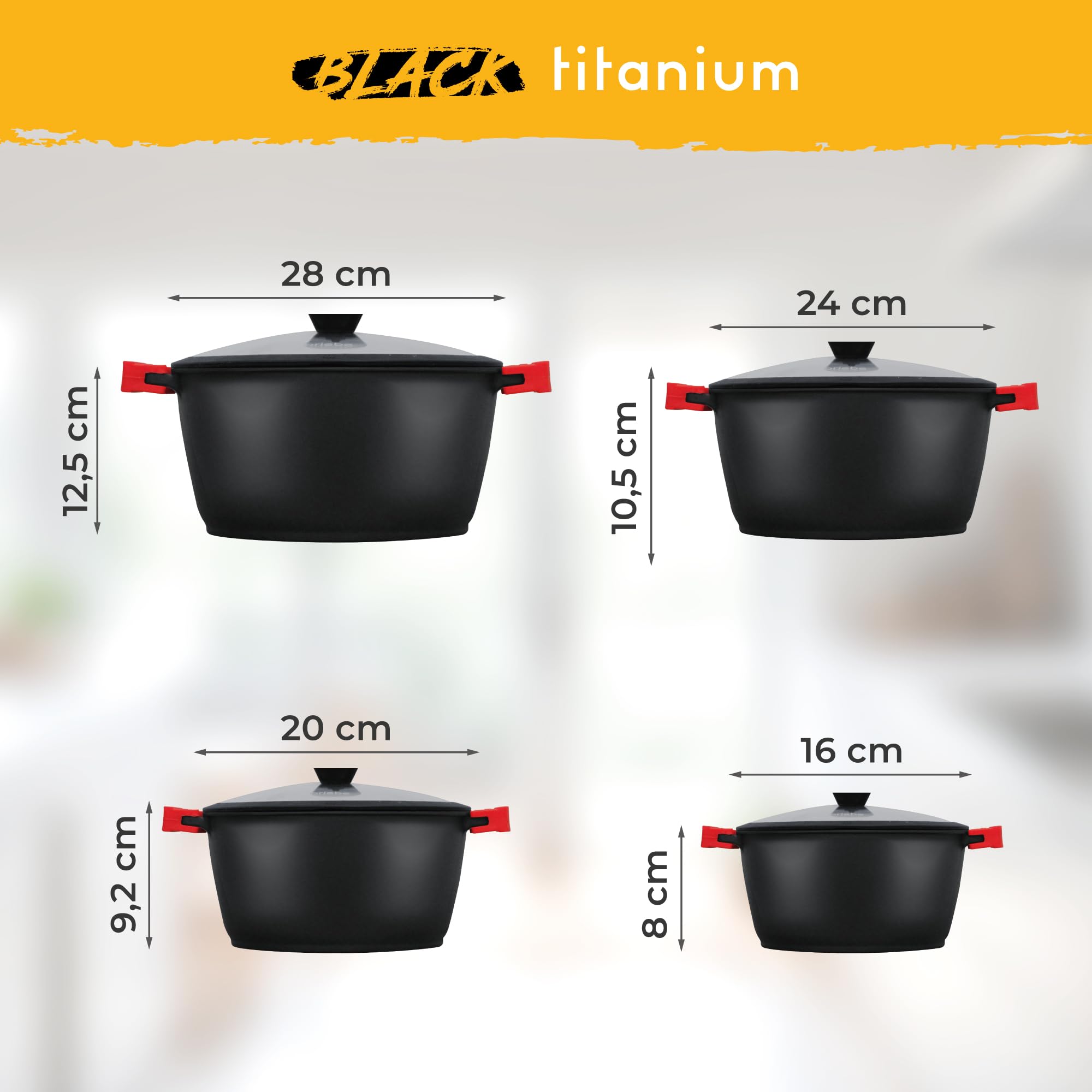 briebe Black Titanium zestaw 8 nieprzywierających tytanowych naczyń kuchennych, zestaw 4 garnków z odlewu aluminiowego, bez PFOA, zestaw garnków i pokrywek, szklane, zdejmowane silikonowe uchwyty