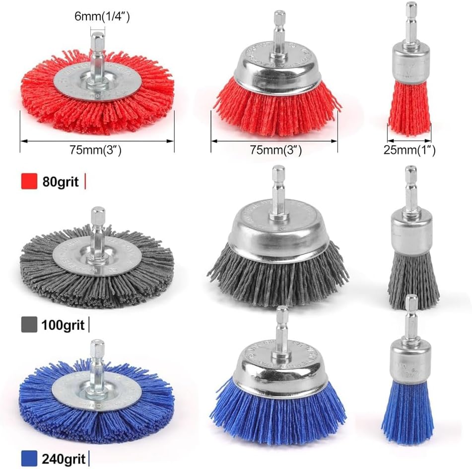 9 Pack Nylon Filament Abrasive Brush Set Abrasive Nylon Brushes with 1/4 Inch Hex Shank for Rust Removal and Cleaning