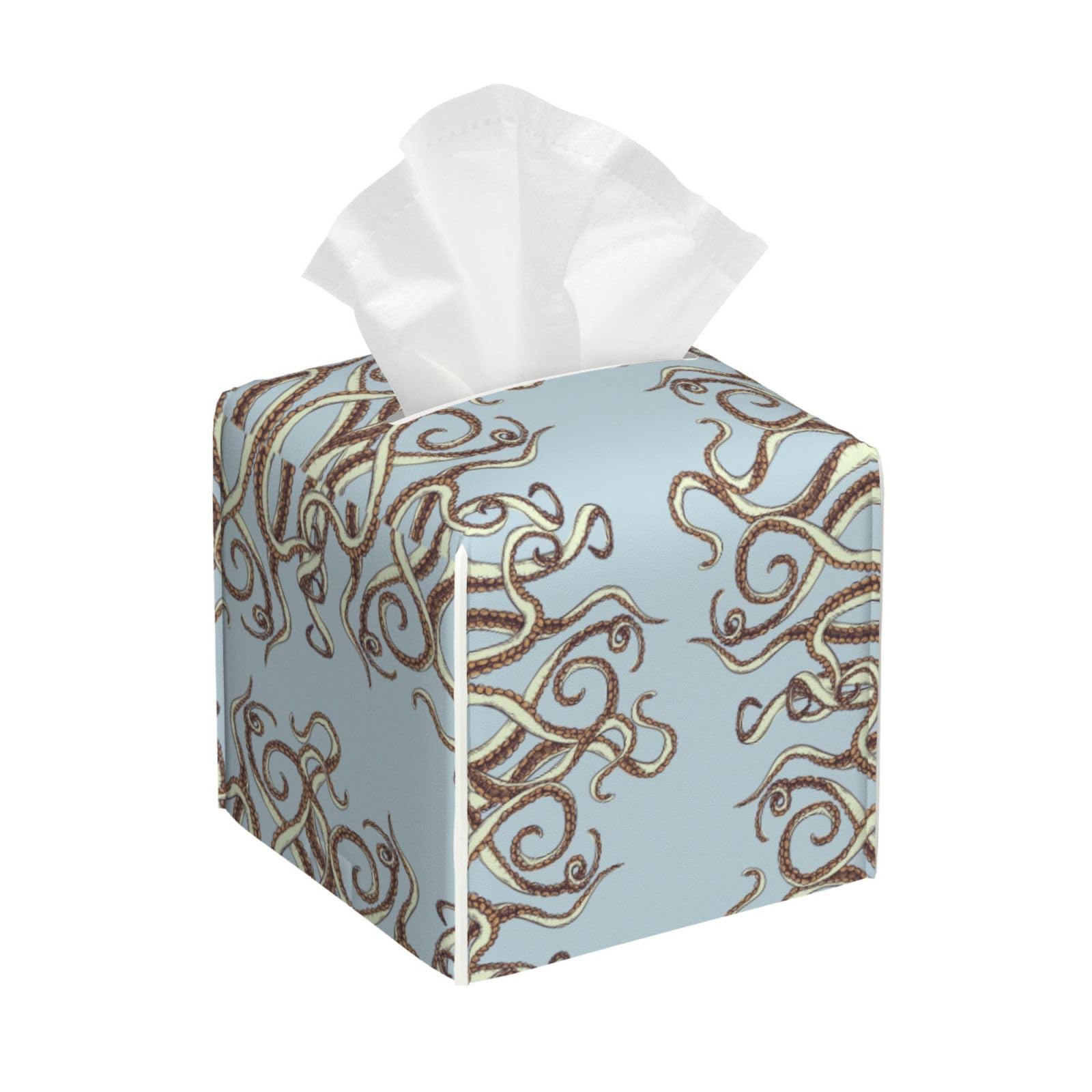 Square Tissue Box Cover, Leather Tissue Cube Box Holder, Ocean Sea Animal Octopus Tentacles Facial Paper Case for Tabletop, Bathroom, Car, Office 5.2"x5.2"x5.2"in