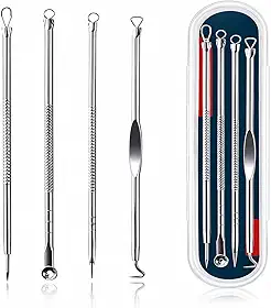 Kit Removedor de Cravos e Espinhas Profissional 4 Peças em Aço Inox com Estojo | Extrator Facial para Limpeza de Pele | Ferramentas Antideslizantes Reutilizáveis