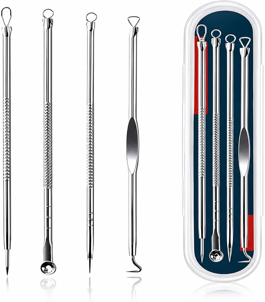 Kit Removedor de Cravos e Espinhas Profissional 4 Peças em Aço Inox com Estojo | Extrator Facial para Limpeza de Pele | Ferramentas Antideslizantes Reutilizáveis