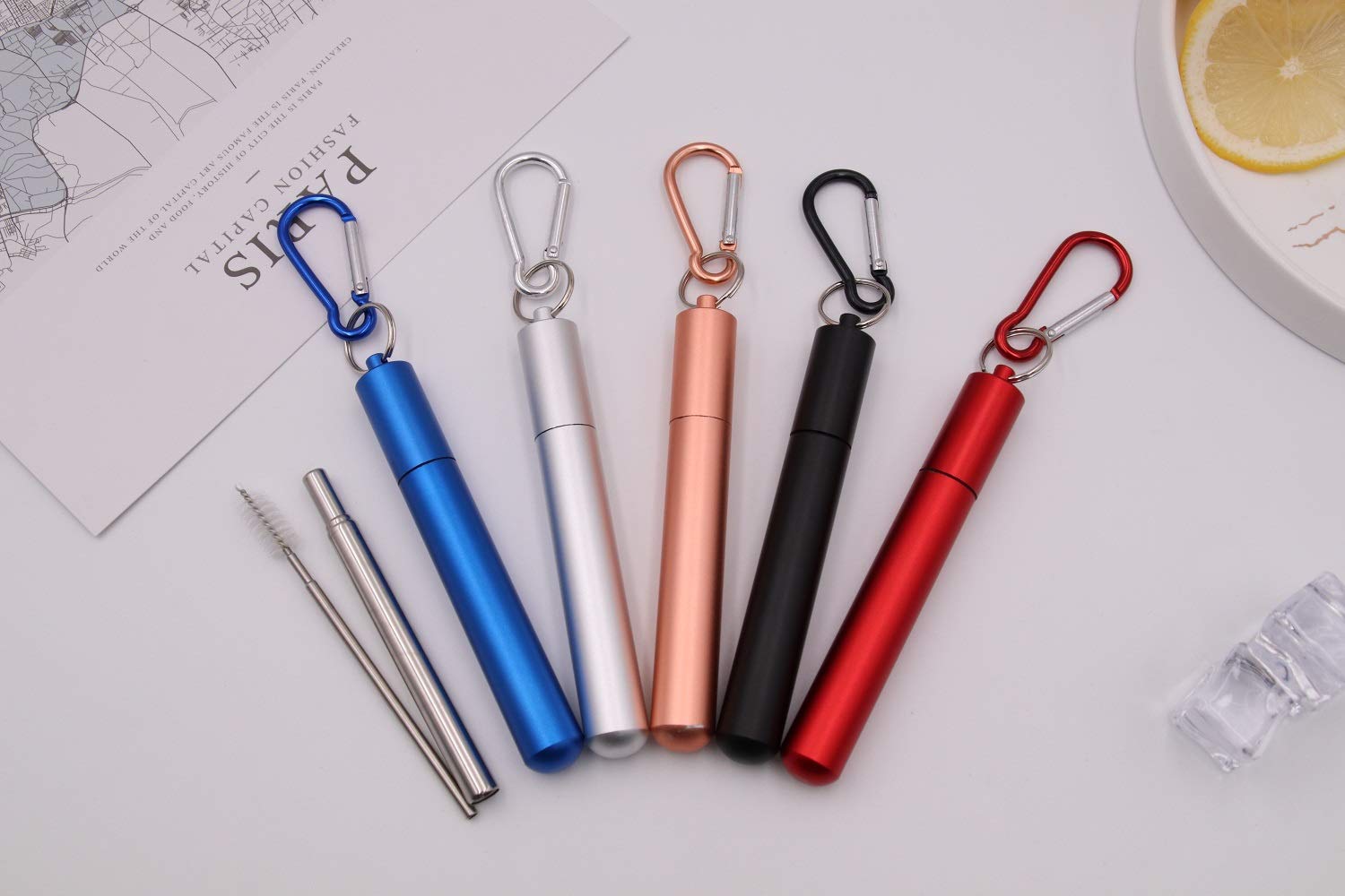 Pailles Réutilisables, Pliables En Acier Inoxydable Avec Brosse