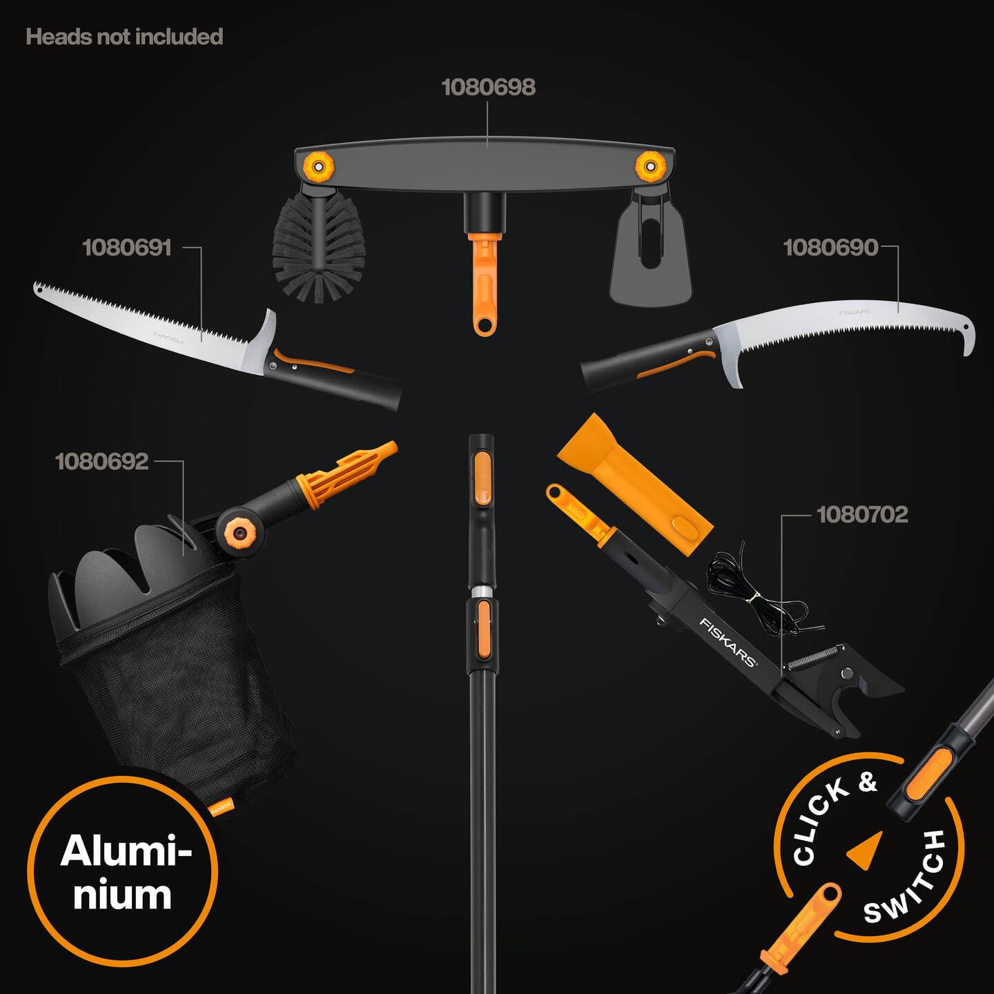 Fiskars OneClick Manico Telescopico L, Sostituzione con un Clic, Adattatore QuikFit Disponibile Separatamente, Manico Estendibile da 2,20 m a 4 m di Lunghezza, 1,55 kg, Nero/Arancione, 1080672
