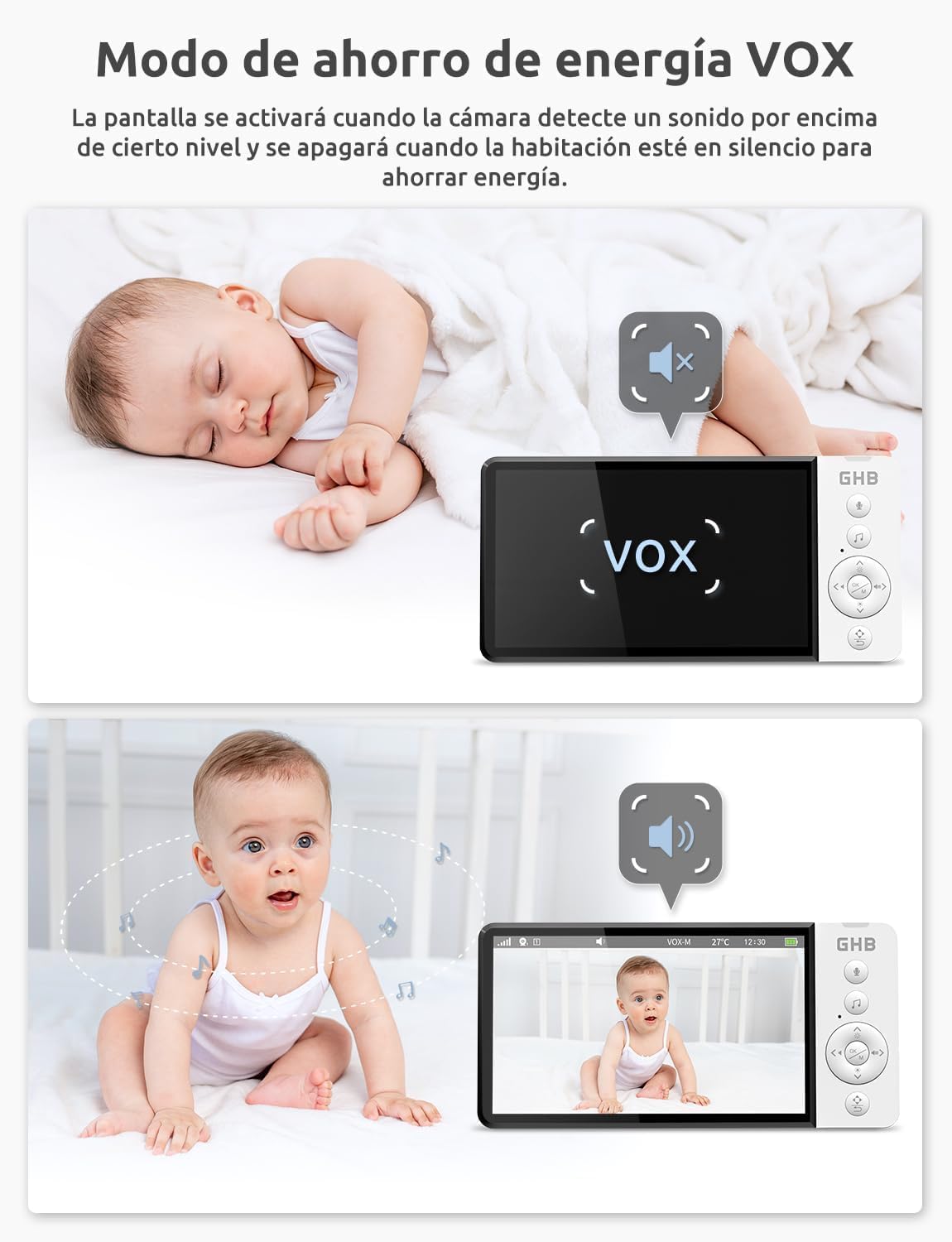 GHB Cámara de vigilancia para bebés de 5" con rotación de 350°, cámara de vigilancia para bebés con visión nocturna 720P, 2,4 GHz sin Wi-Fi, VOX, sensor de temperatura, comunicación bidireccional, 8