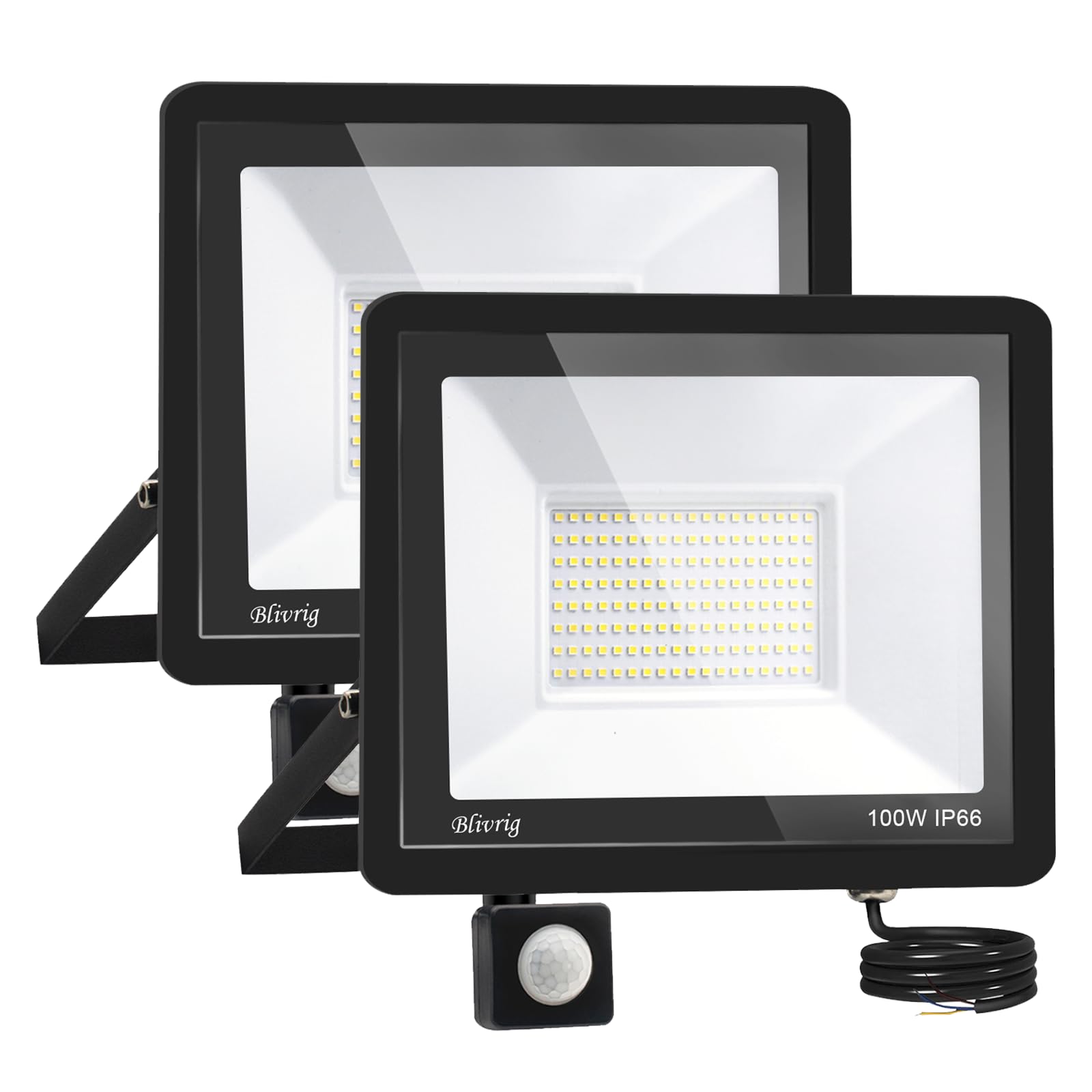 LED Strahler mit Bewegungsmelder Außen 100W 3000K Warmweiß 2 Stück | IP66 Wasserdicht, 120° Strahl, 10000LM Superhell 144 LEDs, Ideale Außenstrahler für Garten Garage Hof Hinterhof