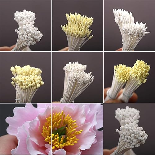 Miniatura 3 de KALAIEN Estambres de flores, 16 paquetes, 1120 piezas de cabezas dobles hechas a mano, flores y estambres de polen de 2.4-2.6 pulgadas, pequeño