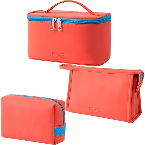 Miniatura 8 de MIRASON Juego de 3 bolsas de maquillaje para cosméticos, bolsa organizadora de viaje para mujer, de piel sintética, impermeable, juego de 3 piezas,