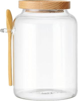 KitchenCraft Idilica Glass Storage Jar with Beechwood Lid and Bamboo Spoon, Airtight Glass Canister with Wooden Lid for Kitchen Storage and Organisation, 1200ml