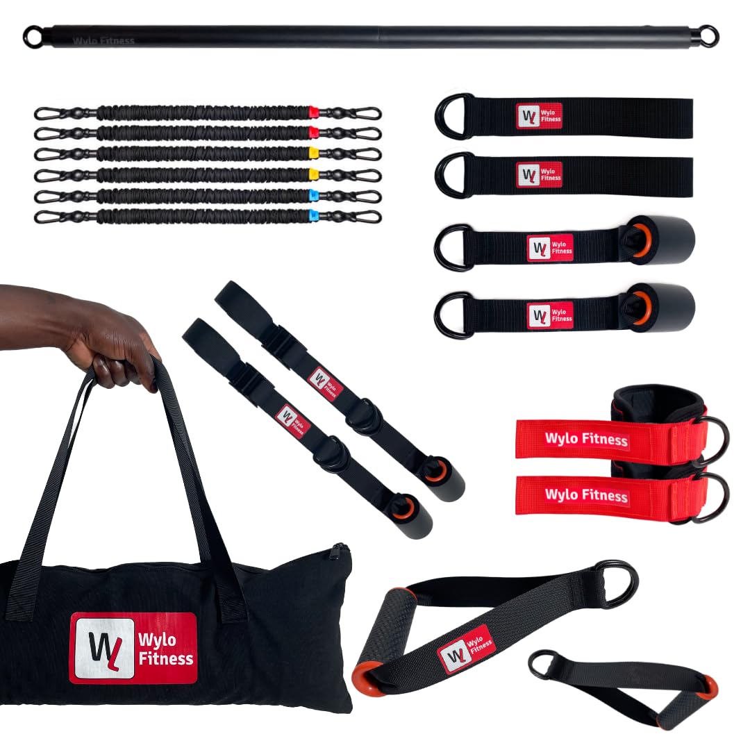 Pack de Musculation Élastiques + Sangles de Suspension | 6 élastiques (5 à 70kg) | 10 Accessoires (Barre, poignées, Sangles de Cheville, ancrages de Porte et de Pieds, Sac de Transport) (70 kg)
