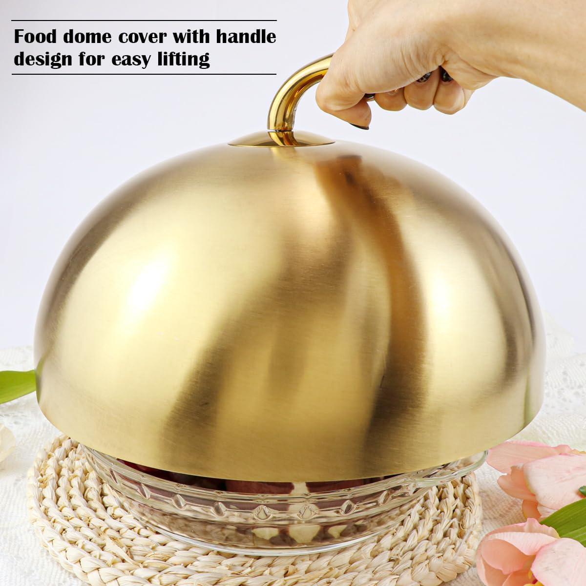 Stainless Steel Food Dome Cover, Steak Dome Cover, Plate Dome Cover with Handle, Dome Cover for Hamburger, Meat,Sandwich, Food (Large), Gold, KA012-JAN-YB