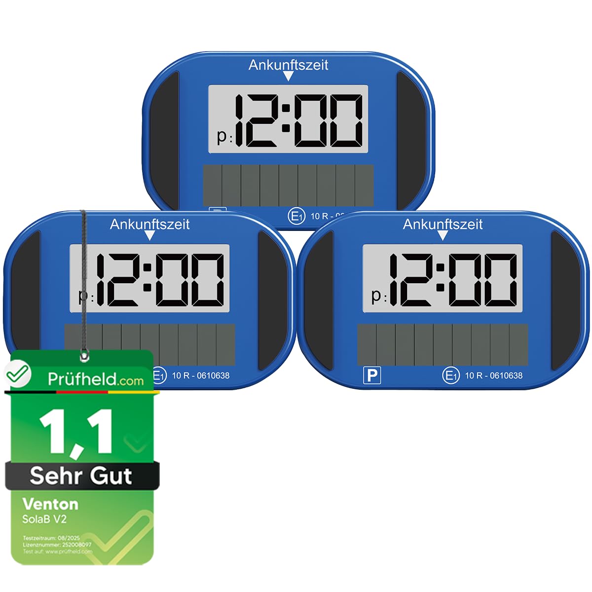 VENTON [ Test SEHR GUT, Note 1.1 *] 3 Stück Elektronische Solar Parkscheibe mit Zulassung, Automatische Digitale Parkuhr Elektrisch für alle PKW, Auto Zubehör Innenraum & Gadgets Solar-Parkscheibe