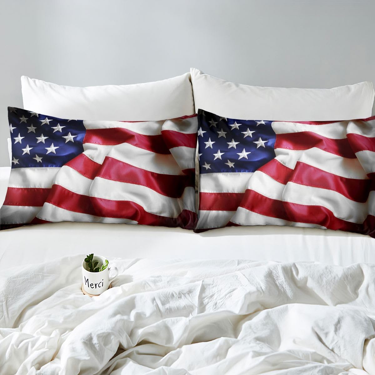 Erosebridal United States Sheet Set Teens American Flag Fitted Sheet Queen, Blue Red Bedding Set Geometric Stripes Bed Sheet with Deep Pocket, 4 Pcs with 1 Fitted Sheet, 1 Flat Sheet, 2 Pillow Cases