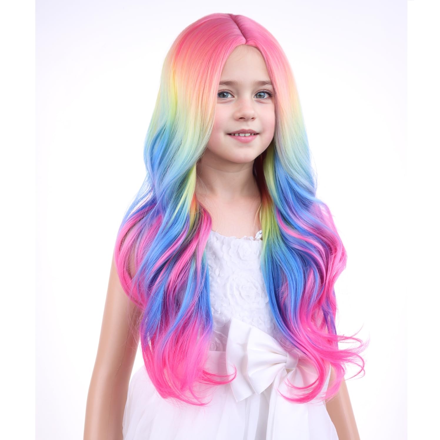 MAGQOO Rainbow Wigs for Kids Fun Wigs Child Long Curly Wavy Colorful Wig Synthetic Heat Resistant Halloween Cosplay Costume Party