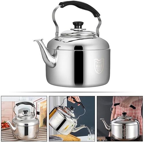 Miniatura 4 de HEMOTON Tetera de acero inoxidable, tetera clásica, hervidor de agua con mango frío para estufa, 5 litros