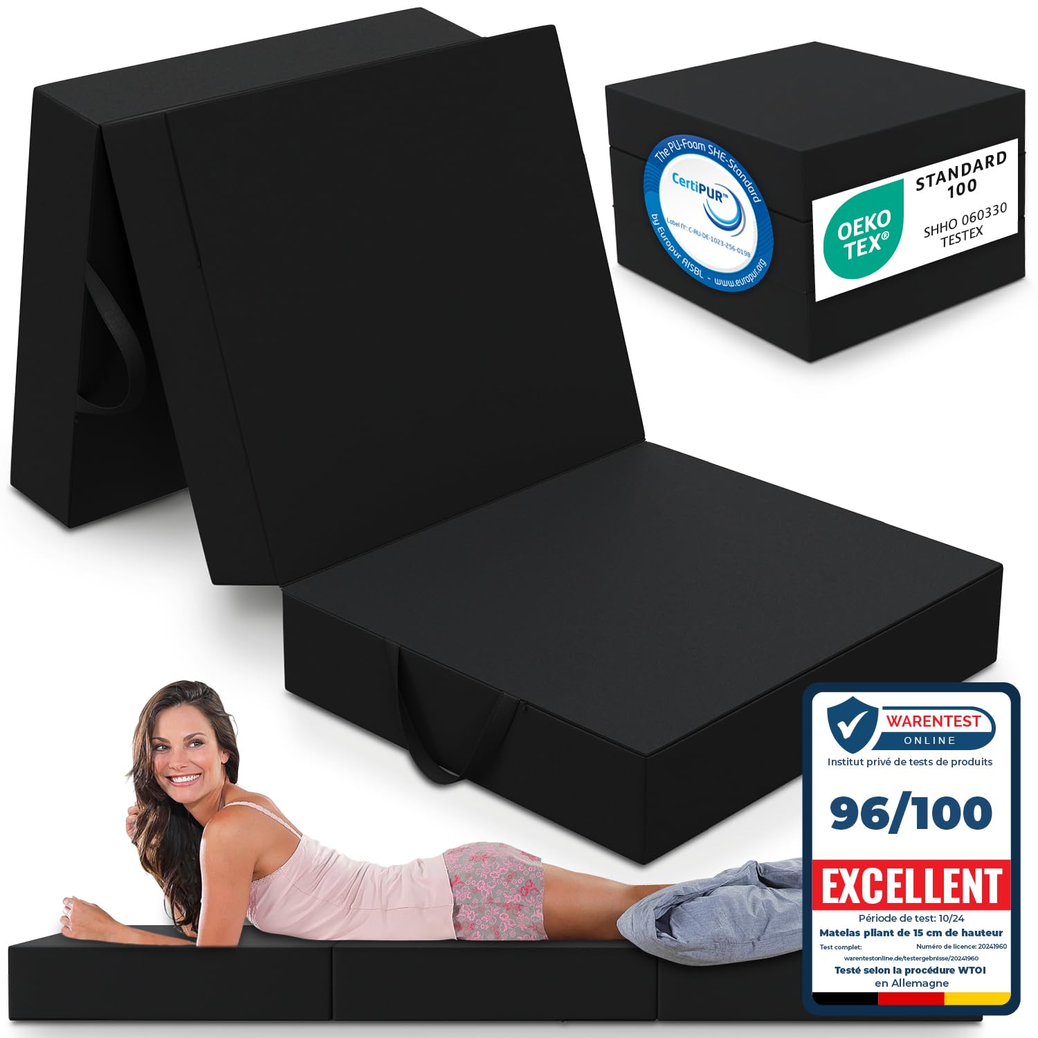 ELONEO Colchón Plegable, colchón para Invitados, colchón Plegable de 3 Piezas, Espuma Extra Gruesa (15 cm), Lavable, Plegable, colchón Plegable, Adultos (Negro, 75 x 195 x 15 cm)