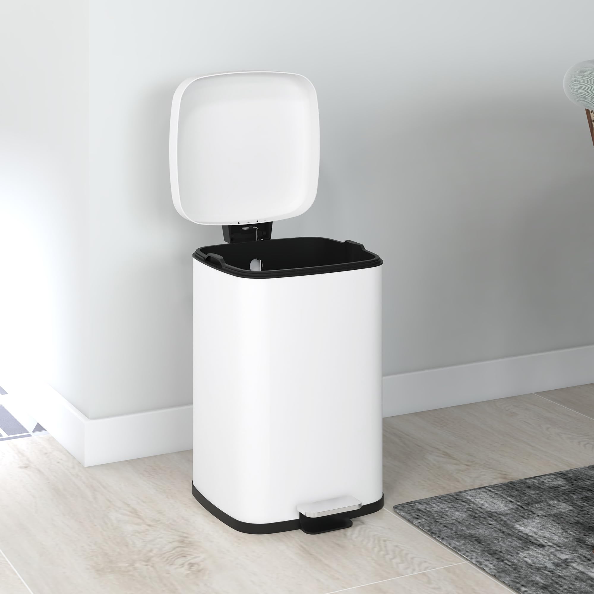 HOMCOM Cubo de basura cocina 20L Pedal 28x35x45cm Blanco | Acero inoxidable, cierre suave, compacto, cubo interior extraíble