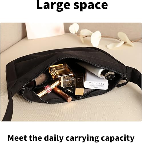 Miniatura 6 de Bolso bandolera pequeño para mujeres y hombres, a la moda, mini bolsa de media luna con correa ajustable, 2 cremalleras, bolsa de nailon ligero