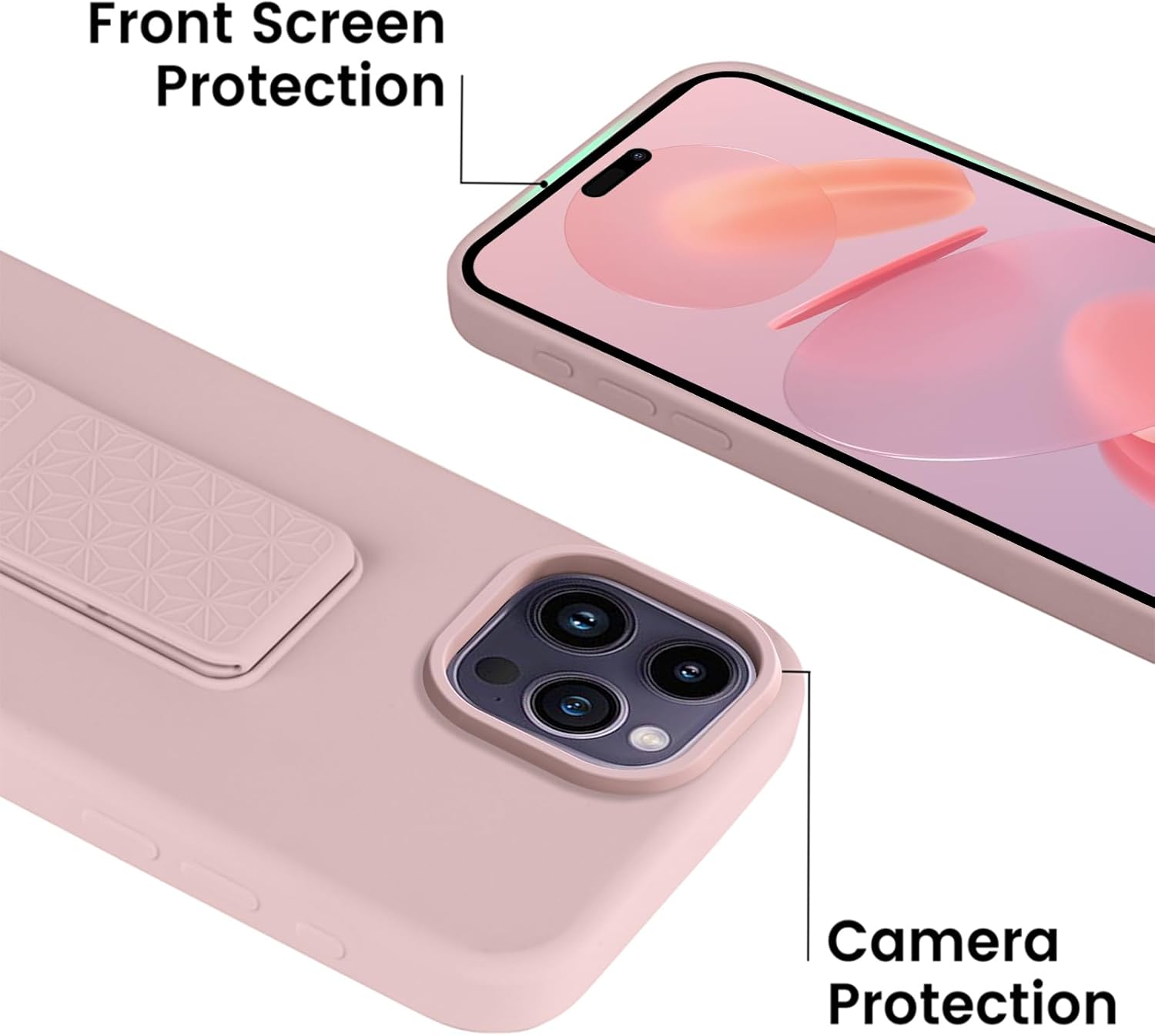 LAUDTEC Silicone Kickstand Case Compatible with iPhone 15 Pro, Vertical and Horizontal Stand Hand Strap Metal Kickstand Cover, Flexible Soft Liquid Silicone Stand Case for iPhone 15 Pro (Pink) - Image 6