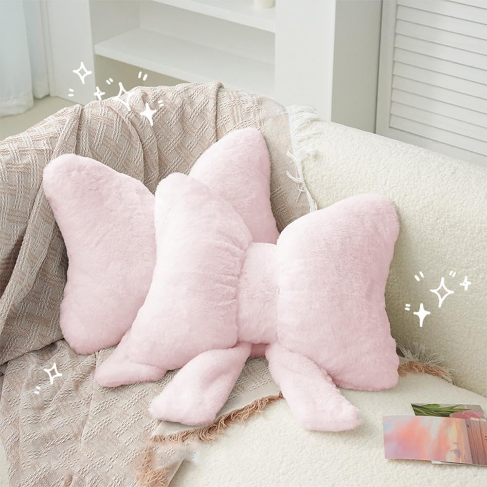 2 Pcs Plush Bow Pillow Cute Bowknot Plush Pillow Soft Bow Lumbar Pillow Home Decorative Throw Pillows for Bed Couch Living Room Decor (Pink)