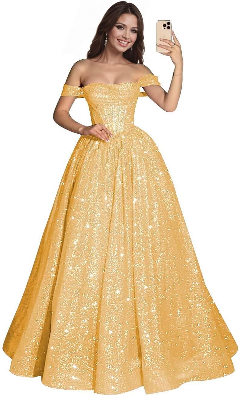 Off Shoulder Quinceanera Dress 2026 Long Sparkly Sequin Tulle Prom Dress A Line Corset Formal Ball Gown L001