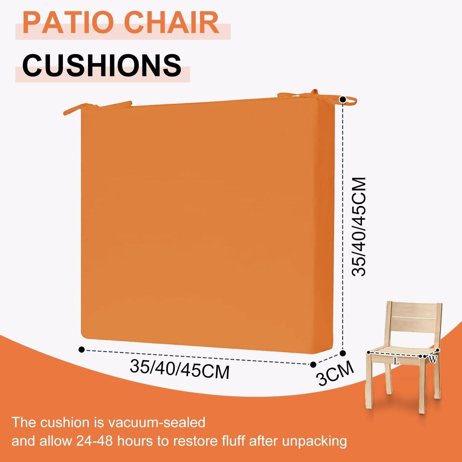 Set di cuscini impermeabili per sedie da giardino, 2 pezzi, 35 x 35 cm, spessore 3 cm, con lacci, ideali per patio, cucina e sala da pranzo, arancione